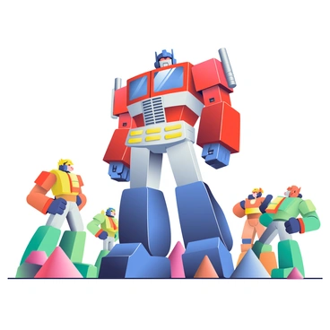 Optimus Prime, the large red and blue Autobot leader, stands in a training area surrounded by several young Autobots. Each young Autobot has a distinct design, showcasing vibrant colors like bright yellow, green, and orange. Optimus Prime is demonstrated in mid-transformation, showcasing his impressive truck form with visible mechanical details and glowing lights. The training area is equipped with various training obstacles, including ramps and cones, designed for the Autobots to practice. The young Autobots watch attentively, their expressions focused and eager, some attempting their own transformations with varying degrees of success. Soft light filters through the training area, illuminating the scene and highlighting the details of both Optimus Prime and the young Autobots.