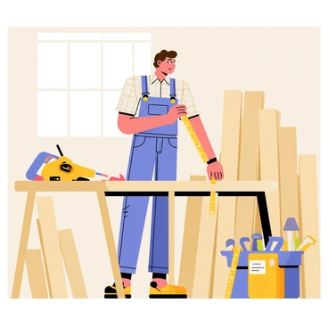 A carpenter with a sturdy build is carefully measuring a piece of wood with a measuring tape in a well-lit workshop. The carpenter has short brown hair and is wearing a plaid shirt and denim overalls. Surrounding him are various tools, including a circular saw, a workbench cluttered with screws, and a toolbox filled with hammers and wrenches. In the background, there are wooden planks stacked neatly against a wall and a window allowing natural light to illuminate the space.