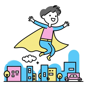 A child, wearing a colorful superhero costume with a flowing cape, is depicted soaring through the sky. The child's arms are outstretched as they fly above a cartoon city filled with playful buildings, each painted in bright colors. Below, the city showcases small trees, cars that are simple shapes, and whimsical clouds in the blue sky. The child's expression is one of joy and excitement, capturing the essence of imagination and adventure.