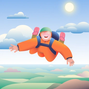 A skydiver with a bright orange jumpsuit is joyfully free-falling through a clear blue sky. The sky is dotted with large, fluffy white clouds, some casting soft shadows on the skydiver. The sun is shining brightly, illuminating the skydiver's helmet, which is reflecting the blue of the sky and the white of the clouds. Below, a patchwork of green fields and brown earth is visible, enhancing the sense of height and the thrill of the fall. The skydiver's arms are stretched out wide, and a large parachute is folded behind them, ready to deploy.