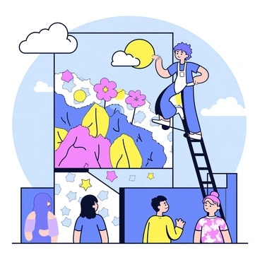 An artist standing on a ladder, wearing a blue shirt and a white apron, is painting a large, vibrant mural on the side of a tall city building. The mural features a colorful scene with bright flowers, abstract shapes, and geometric patterns. The sun is shining, casting soft shadows on the building's surface. Below, a few onlookers are watching the artist at work, captivated by the bold colors and creative design. The sky is clear with a few fluffy clouds.