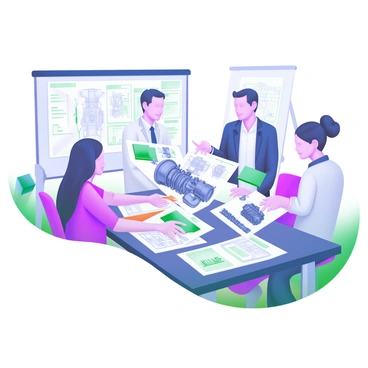 A modern pastel illustration depicting a team of engineers collaborating over detailed engine schematics at a conference table. The table is rectangular and covered with various papers, diagrams, and technical drawings. There are four engineers: two men and two women, each wearing professional attire. They are engaged in discussion, pointing at the schematics and sharing ideas. Behind them, a large window allows natural light to fill the room, and a whiteboard with notes and diagrams can be seen in the background. The overall atmosphere conveys teamwork and innovation.