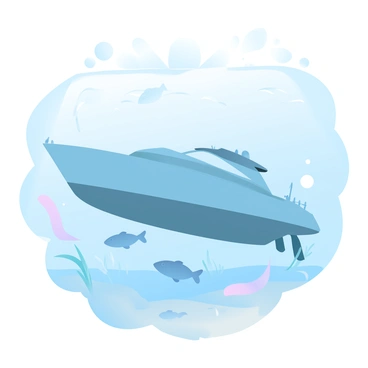 A view from underwater captures the underside of a yacht. The yacht has a smooth hull, with reflections of light shimmering across the surface above. Bubbles rise from the water, creating a dynamic feeling. The yacht is anchored, with ropes extending down into the depths. The sunlight filters through the water, casting gentle patterns on the sand below. The marine life includes fish swimming nearby, with some seaweed gently swaying with the currents around the yacht.
