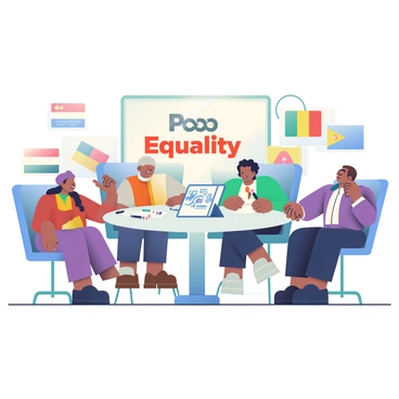 A group of delegates from various countries is gathered in a modern conference room. The delegates represent different ethnicities, with individuals wearing traditional attire and business suits. A large oval table is at the center, covered with notepads, pens, and a digital tablet displaying a "peace and equality" agenda. Some delegates are engaged in discussion, raising their hands to contribute. A large screen behind them shows the words "Peace" and "Equality" in bold letters. Soft lighting illuminates the room, creating a collaborative atmosphere. Flags from different nations are displayed on the walls, emphasizing the global nature of the gathering.