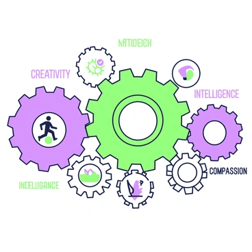 A series of gears fitting perfectly together, each labeled with a different gift or talent. The gears are intricately detailed, showing various sizes and shapes, interlocking smoothly. One gear is labeled "Creativity," featuring an artistic symbol, while another is labeled "Endurance," displaying a running figure. A third gear is marked "Intelligence," with a lightbulb icon, and a fourth is labeled "Compassion," showcasing a heart. The gears are arranged in a way that emphasizes their connection and functionality. Each label is clearly visible and distinct, enhancing the overall theme of collaboration and synergy among the talents.