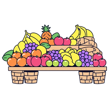 A market stall filled with an assortment of fresh fruits. The display includes vibrant oranges, ripe bananas, shiny red apples, and clusters of grapes in shades of green and purple. There are also yellow pineapples and small, bright green limes arranged artfully. The fruits are set on a rustic wooden table, and each piece showcases its natural sheen and texture. Surrounding the stall are woven baskets that add a touch of authenticity to the scene.