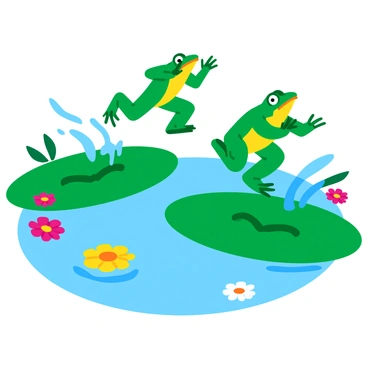 A group of vibrant green frogs leaping from one large, round lily pad to another in a clear pond. Each lily pad has a smooth surface and is surrounded by splashes of water as the frogs jump. The pond is adorned with a variety of blossoming flowers in bright colors, including pink, yellow, and white, with some flowers floating on the water's surface. The scene captures the dynamic movement of the frogs and the beauty of the floral surroundings, with the sunlight reflecting off the water.