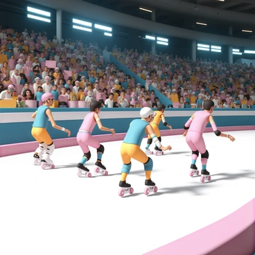 A roller derby team, consisting of six agile skaters, is speeding around a circular track in a packed sports arena. Each skater is wearing a colorful uniform, featuring bright colors like pink, blue, and yellow. The skaters are donning protective gear, including helmets and knee pads. The stands are filled with enthusiastic fans, holding signs and cheering, with some displaying colorful face paint. The atmosphere is lively, with bright arena lights illuminating the track and emphasizing the dynamic movement of the skaters as they race around.