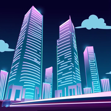 A cityscape featuring towering skyscrapers that pierce the night sky. The buildings are adorned with vibrant neon lights, casting a spectrum of colors that create gradients in the atmosphere. The streets below are bustling with vehicles, their headlights glowing against the darkness. A few clouds drift above, reflecting the colorful illumination from the skyscrapers. The overall scene captures a dynamic urban energy and a sense of modernity under the night sky.