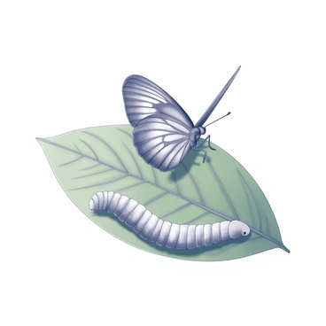 A butterfly and a caterpillar positioned on a single green leaf. The butterfly, with its fully developed wings spread open, displays intricate patterns and details on its wings. The caterpillar, in contrast, is smaller and appears plump, showcasing its segmented body with fine hairs along its length. The leaf is broad, with distinct veins clearly visible, providing a natural setting for the two life stages. The butterfly is perched slightly above the caterpillar, emphasizing the transition from one stage to another.