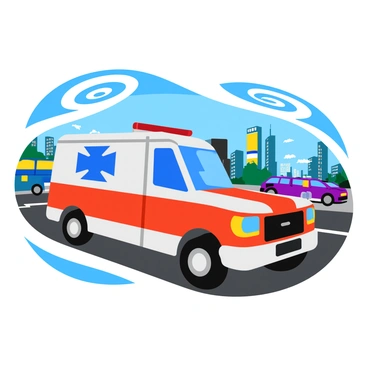 An emergency vehicle, brightly colored in vivid hues of red and white, is speeding down a busy city street. The vehicle has its blue and red lights flashing, creating a dynamic visual effect. Sound waves are represented visually as bold, concentric circles radiating outward from the vehicle, indicating the blaring siren. Surrounding the vehicle, tall buildings and bustling pedestrians add to the sense of urgency. Cars on the road appear in various colors, some pulling over to the side to make way for the emergency vehicle. The scene conveys a vibrant, active city life in moments of emergency response.