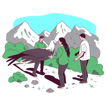 A team of wildlife experts is carefully rescuing a California condor in a rocky mountainous area. One expert, dressed in green gear, is gently holding the condor, which has a distinct white and black plumage, while another expert provides support, ensuring the bird is secure. In the background, steep mountains rise against a clear blue sky, dotted with patches of green vegetation. The ground is uneven, with scattered rocks and small shrubs surrounding the experts as they work diligently to save the endangered bird.
