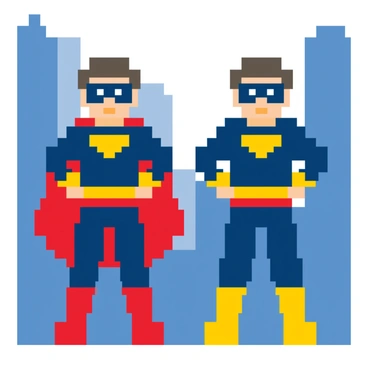 A pair of superheroes wearing capes and masks, standing confidently in a bustling city filled with tall buildings and busy streets.