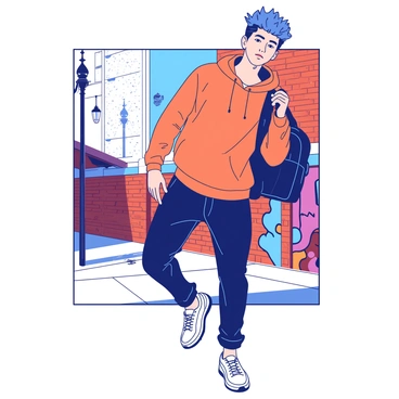 A blue-haired male figure dressed in trendy streetwear is striking a dynamic pose against an urban backdrop featuring brick walls and graffiti. He is wearing a loose-fitting orange hoodie, paired with black joggers and bright white sneakers. In one hand, he holds a stylish black backpack slung over his shoulder. The urban setting includes a few street lamps and a vibrant mural in the background, enhancing the overall street vibe of the scene.