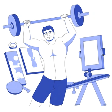 A person is lifting weights in a gym setting. The individual is showing focused determination, with muscles visibly engaged during the lift. The position of the body emphasizes the core, showcasing the abdominal area as it contracts under the strain of the workout. There are additional details highlighting the equipment, including a set of weights on a barbell and a weight bench nearby. The background includes gym-related elements like mirrors and exercise mats. The lighting is dramatic, casting shadows that accentuate the muscle definition and effort in the scene.