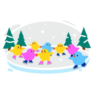 Peeps gliding on an outdoor ice rink with snow falling gently