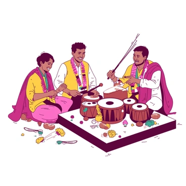 A group of musicians is playing traditional Indian instruments. One musician is energetically playing a dhol, a large double-headed drum, while another is skillfully tapping on a tabla, a pair of small hand-played drums. The table is adorned with colorful decorations, and the musicians are dressed in vibrant traditional attire. Each musician displays a joyful expression as they contribute to the lively atmosphere of the wedding festivities. Brightly colored ribbons and flowers are scattered around the scene, celebrating the occasion.