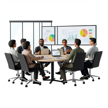 A group of diverse stakeholders, including three men and two women of varying ethnicities, is gathered around a large conference table in a modern office. They are engaged in a discussion while examining several colorful graphs and pie charts displayed on a large screen in front of them. The table is covered with documents, laptops, and a digital tablet showing additional data. The office features large windows with natural light streaming in, minimalist furniture, and contemporary decorations. Each stakeholder is dressed in smart business attire, displaying a serious yet collaborative atmosphere as they analyze market trends.