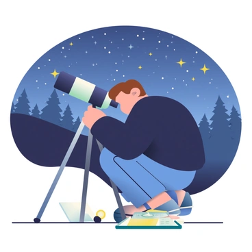 An amateur astronomer with fair skin and short brown hair is crouched down setting up a camera on a tripod. The camera is equipped with a large, specialized lens designed for stargazing. The astronomer is wearing a black jacket and blue jeans. Surrounding them is a dark outdoor landscape with a clear night sky filled with numerous stars. In the background, there are silhouettes of trees and a slight hill. A small flashlight is placed beside the camera, illuminating some star charts and a notebook on the ground.