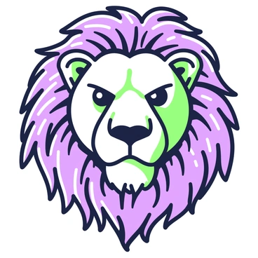 A lion's face in a detailed engraving style is prominently featured. The lion has a wide, fierce expression, with piercing eyes that reflect strength and dominance. The mane is intricately illustrated, showcasing a variety of flowing strands that frame the lion's face. The texture of the mane contrasts with the smoothness of the lion's skin, highlighting the details of each hair. Above the lion's eyes, there are slight furrowed brows that enhance its regal demeanor. The nose is broad and pronounced, adding to the overall powerful appearance of the lion.
