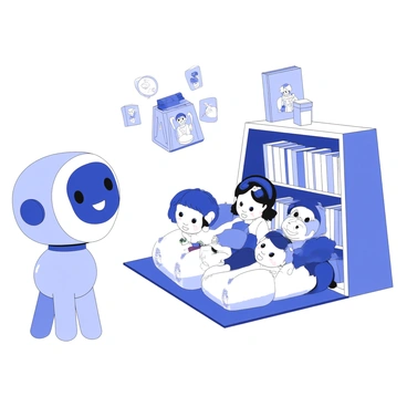 An AI character narrating a story to children sitting around in a cozy reading nook.