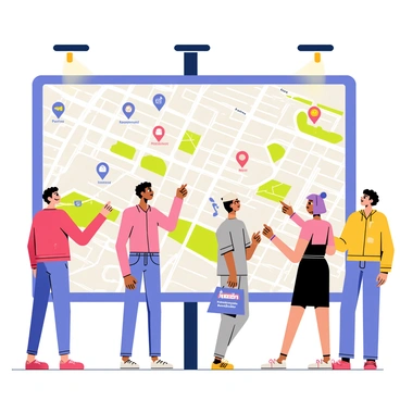 An interactive map displayed on a large touchscreen in a public city space. The map features a colorful layout of the city with marked locations, including parks, restaurants, and museums. Various icons represent current events and activities happening in real-time, such as a music note for a concert and a food truck icon for food festivals. People of diverse backgrounds are gathered around the touchscreen, engaging with the map, pointing at different locations, and discussing nearby attractions. Bright overhead lights illuminate the space, enhancing the vibrant urban atmosphere.