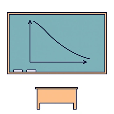 A rectangular chalkboard mounted on a wall in a classroom. On the chalkboard, a drawn supply and demand curve is illustrated with clear and distinct lines. The axes are labeled with "Price" on the vertical axis and "Quantity" on the horizontal axis. The supply curve slopes upward from left to right, while the demand curve slopes downward from left to right, intersecting each other at a point marked with a small dot. The background features light-colored walls and a simple wooden desk below the chalkboard.