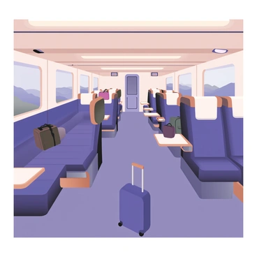 A digital flat illustration of the interior of a luxurious airport express train. The train features spacious, comfortable seating with plush, deep blue upholstery and wooden armrests. The layout includes rows of seats arranged in pairs facing each other, with a central aisle. Large windows line the sides, allowing natural light to flood the space, showcasing a view of the outside landscape blurred by motion. Overhead, modern lighting fixtures provide a warm glow. There are small foldable tables next to the seats, equipped with minimalist designs for convenience. A stylish carpet in shades of grey covers the floor, and an elegant luggage rack is located near the entrance, displaying several designer travel bags.