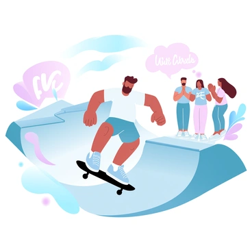 A laid-back guy is riding a skateboard down a smooth ramp at a local skate park. He is wearing a casual t-shirt and shorts, with a skateboard under his feet. Around him, a group of friends is standing on the sidelines, clapping and cheering him on. The skate park features various ramps and graffiti art on the walls. Bright colors fill the scene, enhancing the energetic atmosphere.