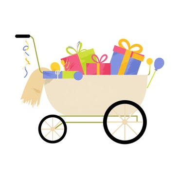 A vintage baby carriage with ornate wheels and a curved handle is filled with colorful gifts and presents. The carriage is placed at a festive venue, surrounded by decorative balloons and streamers. The gifts are wrapped in shiny paper with big bows, varying in size and color. A soft blanket peeks out from the carriage, adding a cozy touch.