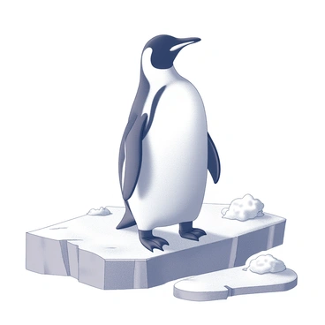 A penguin standing on icy terrain, depicted in side profile. The penguin has a sleek black and white body, with a rounded head and a short, pointed beak. Its wings are tucked close to its body, and its webbed feet are positioned firmly on the ice. The icy terrain features a textured surface with cracks and crevices, emphasizing the cold environment. Behind the penguin, small snow drifts gently rise, adding to the wintry scene.