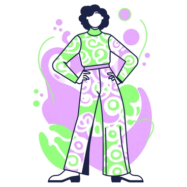 A person is wearing a 60s-inspired outfit adorned with swirling psychedelic patterns. The outfit consists of a long-sleeve top with a high neckline, featuring intricate designs that flow seamlessly across the fabric. The pants are wide-legged, complementing the top with matching swirling patterns. The individual is standing confidently with their hands on their hips, showcasing the vibrant details of the outfit. Their hair is styled in a voluminous manner, typical of the era, adding to the overall aesthetic. The background includes abstract shapes and lines that echo the patterns of the outfit, enhancing the visual interest.
