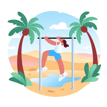 A lone traveler is performing pull-ups on a sturdy metal pull-up bar situated in a vibrant desert oasis. The traveler is wearing a lightweight tank top and shorts, showing determination as they grip the bar firmly. Surrounding the oasis, tall palm trees sway gently in the breeze, their leaves casting dappled shadows on the sandy ground. The clear blue sky contrasts beautifully with the golden sands of the desert and the lush greenery of the oasis. A small pond reflects the sunlight, adding a serene element to the scene. In the distance, gentle sand dunes rise against the horizon, completing the tranquil yet dynamic landscape.