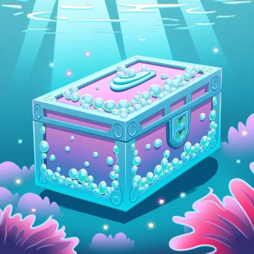 A coral-encrusted case resting on the ocean floor, surrounded by vibrant coral formations in various colors. The case is intricately designed, detailed with ornate carvings and textures that mimic the patterns of the coral. It is overflowing with luminous pearls, reflecting light in a spectrum of colors, alongside sparkling sea jewels that shimmer in shades of blue, green, and gold. Tiny fish dart around the scene, contributing to the lively underwater environment. Sunlight filters down from the surface, illuminating the case and creating a magical atmosphere.