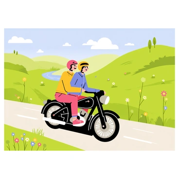 A couple wearing helmets and riding a shiny black motorcycle are touring through a scenic countryside. The motorcycle has chrome accents and a vintage design. The road winds through lush green hills dotted with wildflowers in various colors. In the background, there are rolling hills and a bright blue sky with fluffy white clouds. The couple is smiling, enjoying the ride together as they pass by a small stream and clusters of trees lining the road.