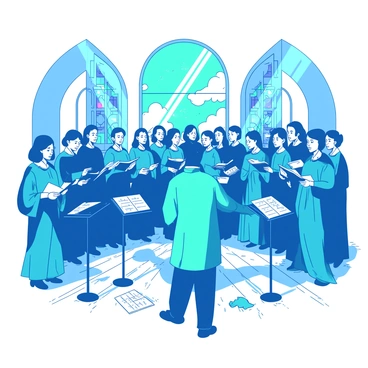 A blue choir is standing in formation inside a church with high arches and stained glass windows. The choir members are wearing matching robes of teal, holding sheet music in their hands. Some sheet music is scattered on the wooden floor, while others are placed on music stands arranged in front of them. Sunlight streams through the stained glass, casting colorful patterns on the floor and illuminating the focused expressions of the singers. The choir director stands in front, guiding them with a baton, creating an atmosphere of concentrated practice.