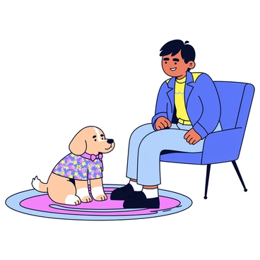 A small dog with fluffy fur, wearing a colorful and trendy outfit that includes a patterned shirt and a matching bowtie. The dog is sitting on a patterned rug. Beside the dog, a stylish owner is sitting on a modern chair, dressed in a chic outfit that features a fitted jacket and stylish jeans. The owner has a warm smile and is looking down affectionately at the dog.