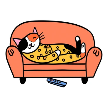 A calico cat with orange, black, and white fur wearing tiny patterned pajamas is lounging comfortably on a soft couch. The cat is nestled into a cozy corner of the couch, with its big eyes half-closed in a relaxed manner. The remote control lies next to the cat, slightly tilted, suggesting it was just momentarily set down. The couch has plush cushions and a warm texture, enhancing the inviting atmosphere of the scene.