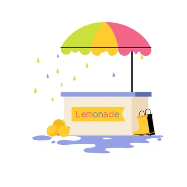 A lemonade stand with a bright yellow awning is positioned under a large colorful umbrella. The stand features a sign that reads "Fresh Lemonade" in bold, cheerful letters. Raindrops are visibly falling from the sky, creating ripples in the small puddles collecting on the ground. The scene includes droplets clinging to the edges of the umbrella and a few lemons scattered around the base of the stand. A pair of rain boots is placed nearby, emphasizing the rainy day atmosphere.