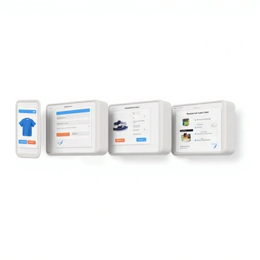 A series of screens depicting the online checkout process. The first screen shows a shopping cart filled with various items, including a blue t-shirt, a pair of sneakers, and a bottle of water. The next screen displays user information fields, including "Name," "Address," and "Email," with a cursor blinking in the "Name" field. The third screen features payment options, such as a credit card and PayPal, with checkboxes next to each option. The final screen shows a confirmation page with the text "Thank you for your order!" at the center, along with a summary of the purchased items and the total cost in the corner. Each screen is arranged in a sequence to illustrate the steps clearly.