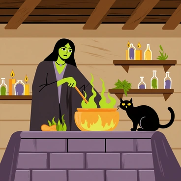 A witch with long, flowing black hair wearing a dark robe is stirring a bubbling cauldron. The cauldron is positioned on a stone hearth emitting wisps of green smoke. Flickering candles are placed on wooden shelves, casting shadows on the walls of the cabin. Various herbs and bottles filled with colorful liquids are scattered around the cabin, adding to the mystical atmosphere. The cabin's wooden beams are visible in the ceiling, contributing to the spooky ambiance. A black cat with bright yellow eyes is perched on the edge of the table, watching the witch intently.