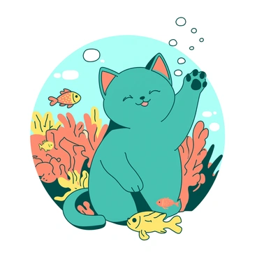 A teal lucky cat with a raised paw is positioned prominently in the center of the image. Surrounding the cat are various colorful fish, swimming in a school, with vibrant yellow and orange scales that catch the light. In the background, there are lively coral formations in shades of orange and yellow, creating a rich underwater landscape. Bubbles are rising gently from the cat, adding a sense of movement to the serene scene.