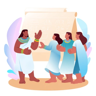 A group of figures are standing together in a vibrant setting, showcasing traditional ancient Egyptian fashion. One figure is draped in a flowing white linen garment, adorned with intricate golden jewelry, including a broad collar and bracelets. Another figure wears a brightly colored tunic that contrasts with the sandy tones of the surroundings. In the background, a decorative backdrop features hieroglyphs and iconic symbols of ancient Egyptian culture. The figures are engaged in conversation, with their garments adding movement to the scene, creating a sense of life in this historical moment.