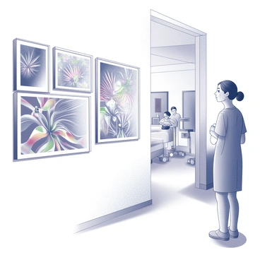 A cancer patient is standing in a hospital corridor, looking at a series of artworks displayed on the walls. The patient is wearing a hospital gown and has a slight smile on their face. The artworks consist of various patterns and designs that engage the viewer, with vibrant colors and dynamic shapes. The corridor is well-lit, enhancing the visibility of the pieces. In the background, there are hospital equipment and nurses attending to patients, adding to the healthcare environment.