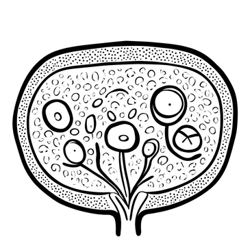 A detailed cross-section of an ovary is depicted, showcasing multiple follicles at different stages of oogenesis. Each follicle is distinctly illustrated, ranging from primordial follicles to mature Graafian follicles. The surrounding ovarian tissue is represented with a textured surface, enhancing the anatomical details. Various sizes and stages of follicles are clearly visible, some containing oocytes at different developmental levels. The representation is precise, focusing on the structure and organization within the ovary.
