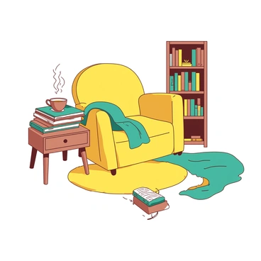 A yellow reading nook features a cozy, plush chair positioned at an angle, inviting relaxation. The chair is adorned with a teal throw blanket draped casually over one armrest. Beneath the chair, there is a soft yellow rug that provides warmth and comfort underfoot. To the side of the chair, a small teal side table holds a steaming cup of tea, with wisps of steam rising gently. Stacked neatly on the table are a few colorful books, their spines visible, showcasing different titles. A nearby bookshelf is filled with more books, creating an inviting atmosphere for reading.