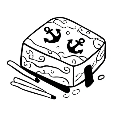 A matchbox with a nautical theme, featuring intricate designs of "anchors" and "waves" etched into its surface. The matchbox is rectangular with a sliding lid, showcasing the detailed patterns. The anchors are spaced evenly across the box, intertwined with swirling wave designs that add a sense of movement. The background of the matchbox has a textured look, giving it depth. The box is placed on a wooden surface, surrounded by a few scattered matchsticks.