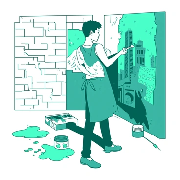 A teal street artist is focused on creating an intricate ink mural on a rugged white brick wall. The artist is wearing a paint-splattered apron and holding a large ink brush, with vibrant colors dripping from the brush onto the wall. Around the artist, there are splashes of teal and white paint scattered on the ground, indicating previous work. The urban setting features tall buildings in the background, with faint outlines of city life visible, enhancing the vibrant atmosphere of the mural creation process.