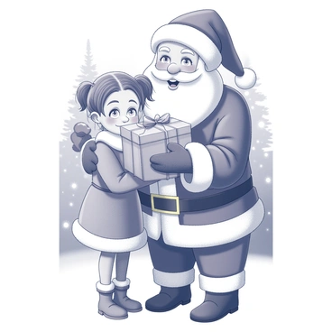 Santa Claus is depicted in a festive setting, with a jolly expression on his face. He is wearing his traditional red suit with white trim, a black belt, and black boots. He is bending down slightly to embrace a little girl, who has bright eyes filled with excitement. The girl is wearing a cozy winter dress and has her hair tied in pigtails. In Santa's hands, he is presenting a beautifully wrapped gift, adorned with a large bow. The background includes hints of holiday decorations, such as twinkling lights and a Christmas tree.