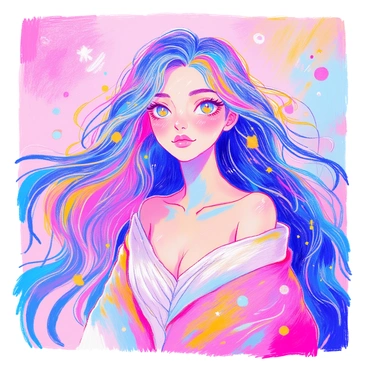 A woman is depicted in a digital portrait with long flowing hair that has strands shimmering with "glowing elements." Her eyes are large and luminous, surrounded by intricate patterns that resemble "surreal features." The woman's skin has a soft ethereal glow, enhancing her otherworldly appearance. She wears a flowing garment that appears to blend into an abstract background, featuring delicate swirls of color that complement her glowing attributes. The portrait captures her expression as calm and introspective, inviting the viewer into her unique world.